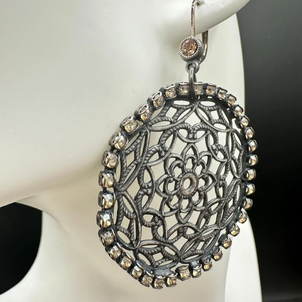 VTG‎ Oxidized Dangle Earrings Brown Rhinestone Filigree Flower Circle Statement